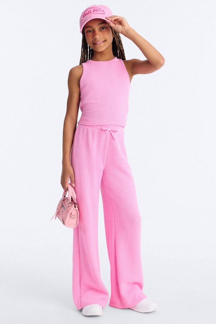 Mini Alana Textured Wide Leg Pant Set - Pink