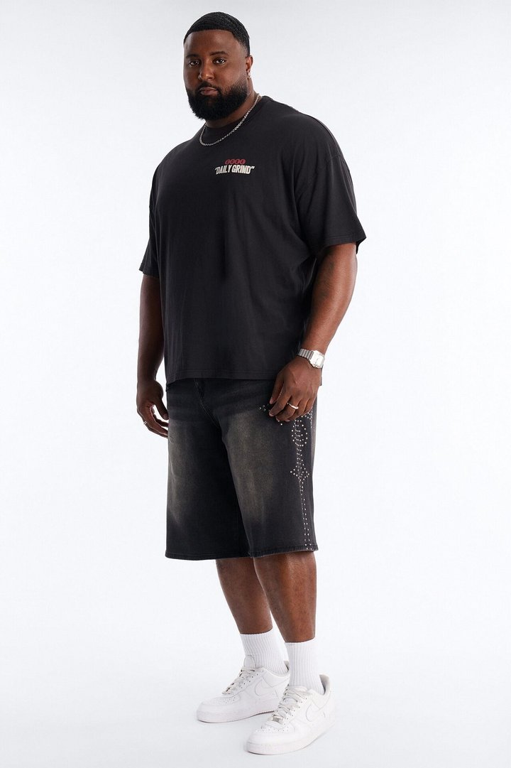 In Denim We Trust Baggy Studded Denim Short - Black Wash