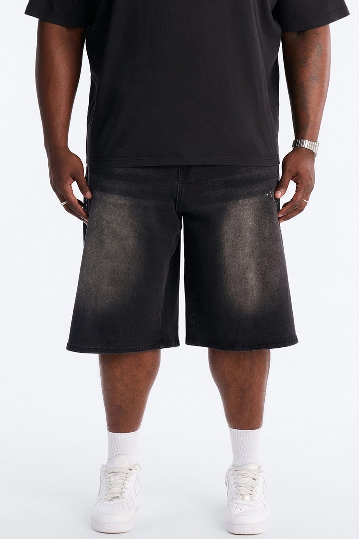 In Denim We Trust Baggy Studded Denim Short - Black Wash