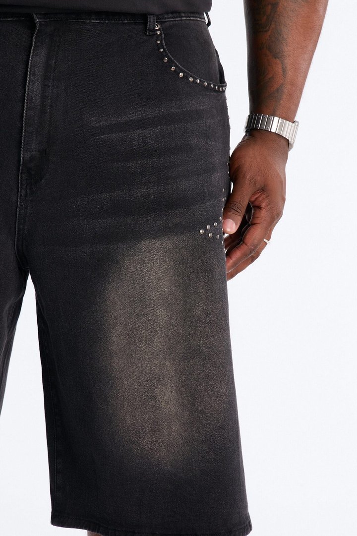 In Denim We Trust Baggy Studded Denim Short - Black Wash