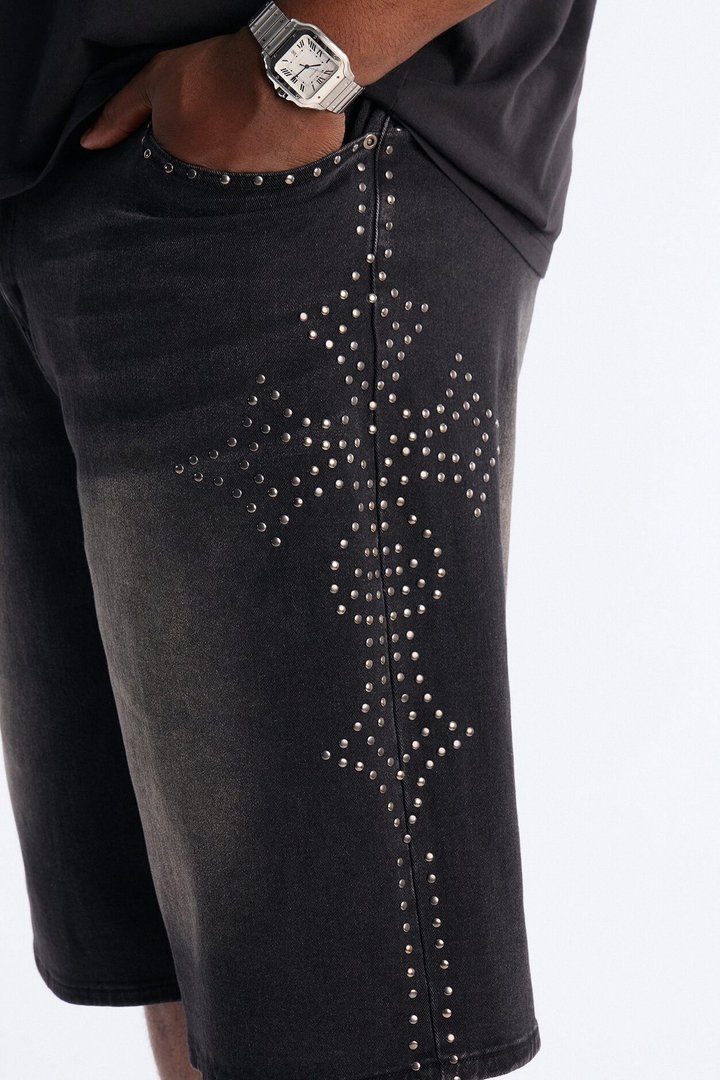 In Denim We Trust Baggy Studded Denim Short - Black Wash