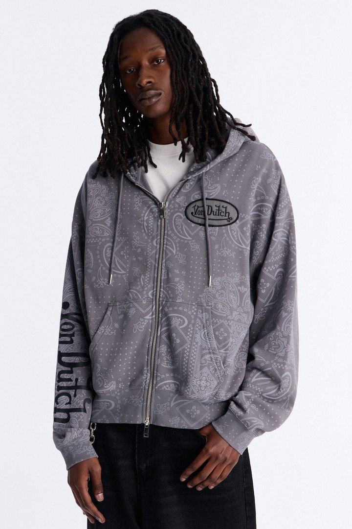Von Dutch Chain Stitched Zip Up Hoodie - Charcoal