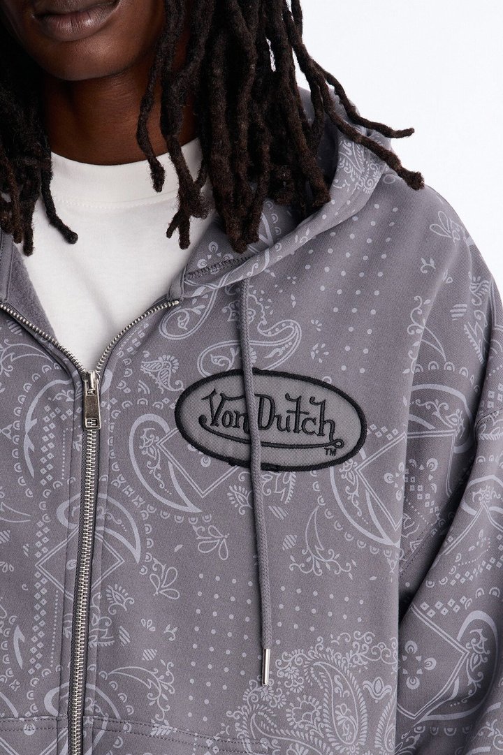 Von Dutch Chain Stitched Zip Up Hoodie - Charcoal