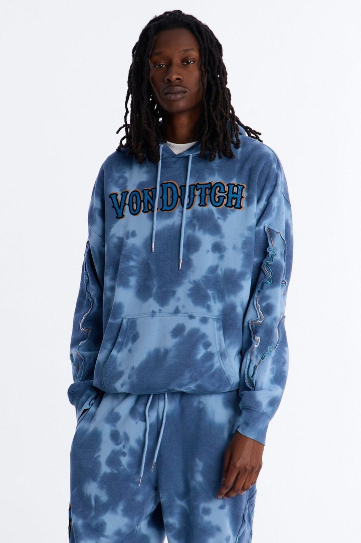 Von Dutch Outlaw Bleach Dyed Raw Edge Hoodie - Blue