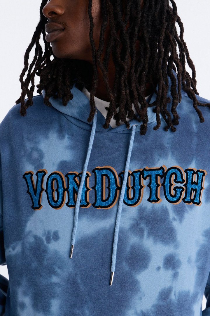 Von Dutch Outlaw Bleach Dyed Raw Edge Hoodie - Blue