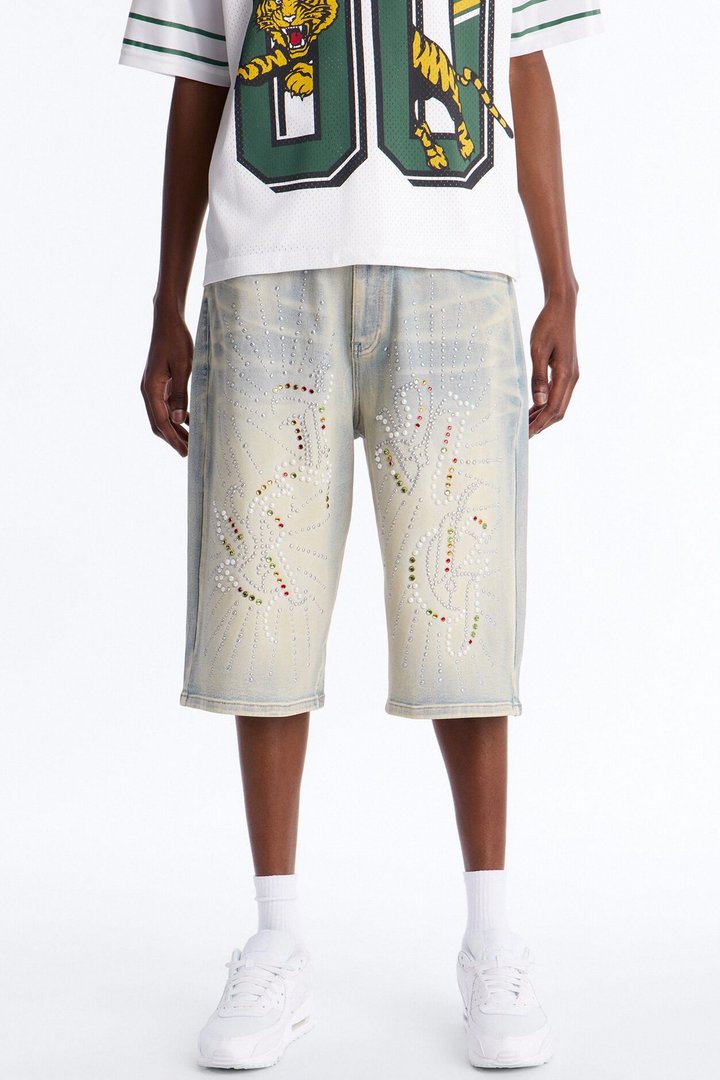 Baggy Urban Jeweled Denim Short - Light Wash