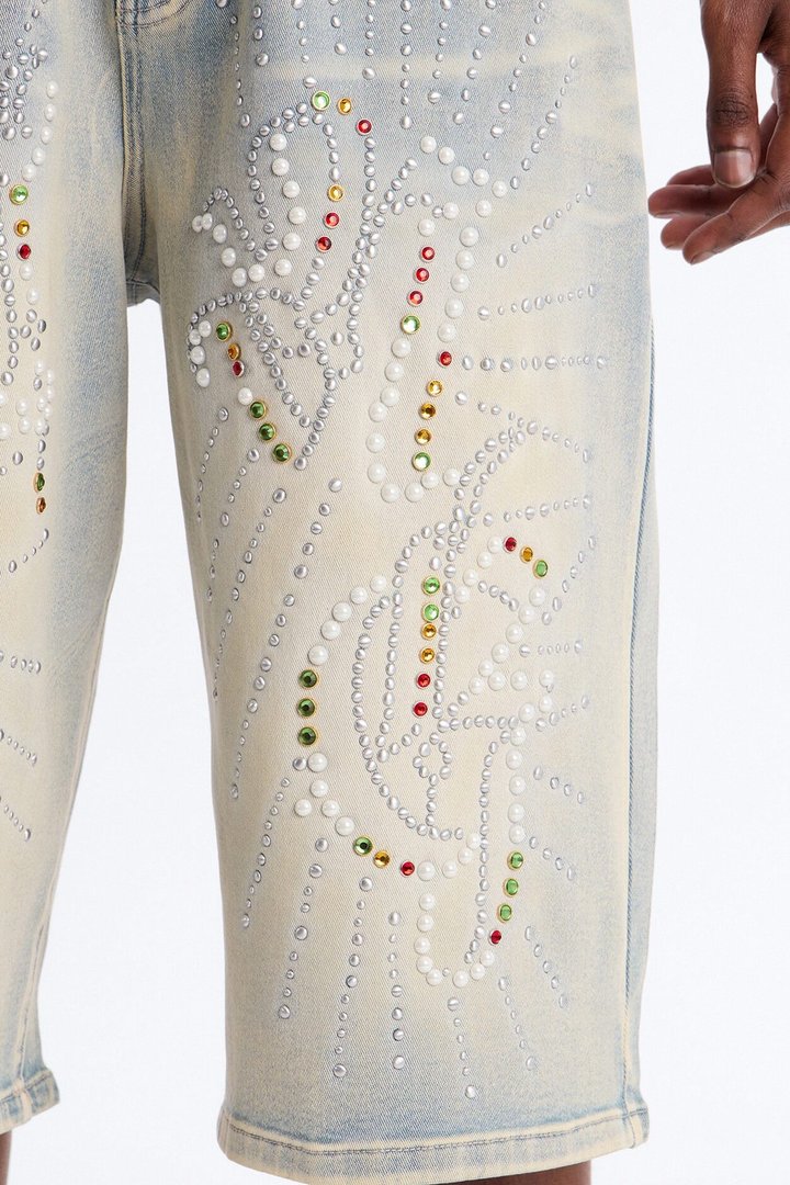 Baggy Urban Jeweled Denim Short - Light Wash