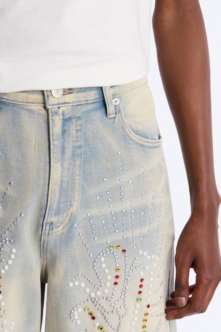 Baggy Urban Jeweled Denim Short - Light Wash