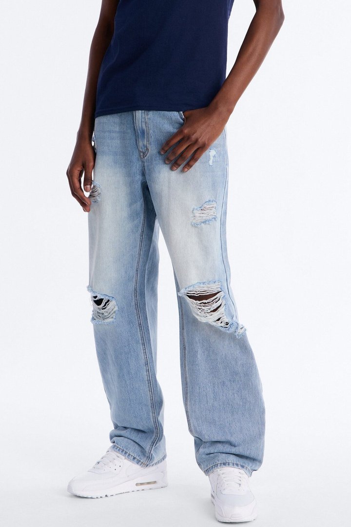 Essential Destroyed Straight Rigid Jean - Light Blue Wash