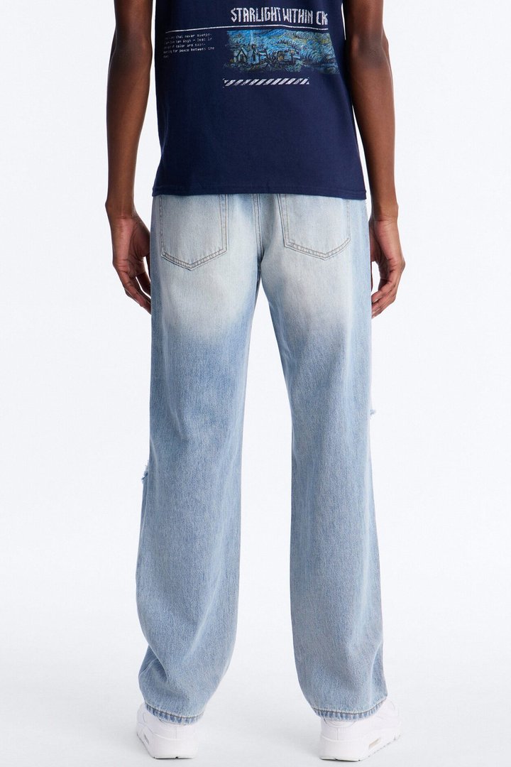 Essential Destroyed Straight Rigid Jean - Light Blue Wash