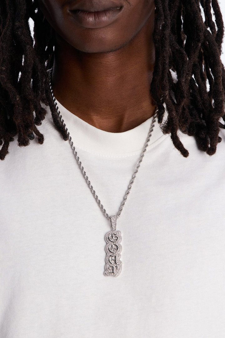 GOAT Script Vertical Iced Pendant Necklace - Silver
