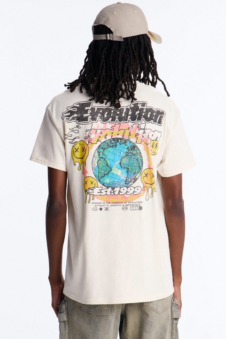 Evolution Smiley Face Vintage Oversized Short Sleeve Tee - Natural