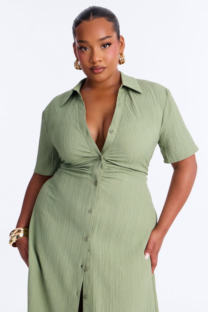 Carmen Ruched Shirt Midi Dress - Olive