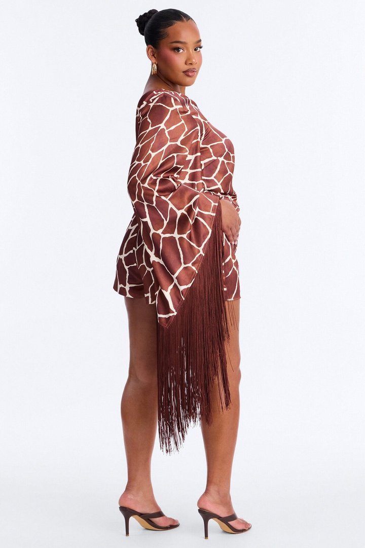 Samara Satin Fringe Romper - Brown
