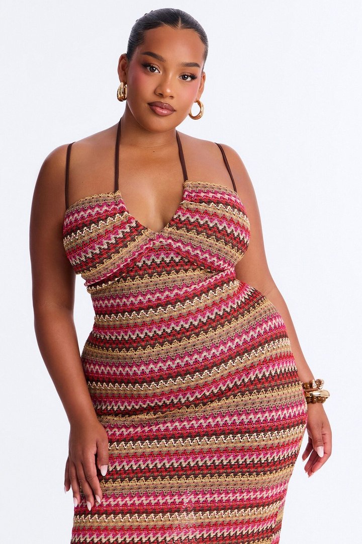 Sacha Chevron Crochet Midi Dress - Brown/combo
