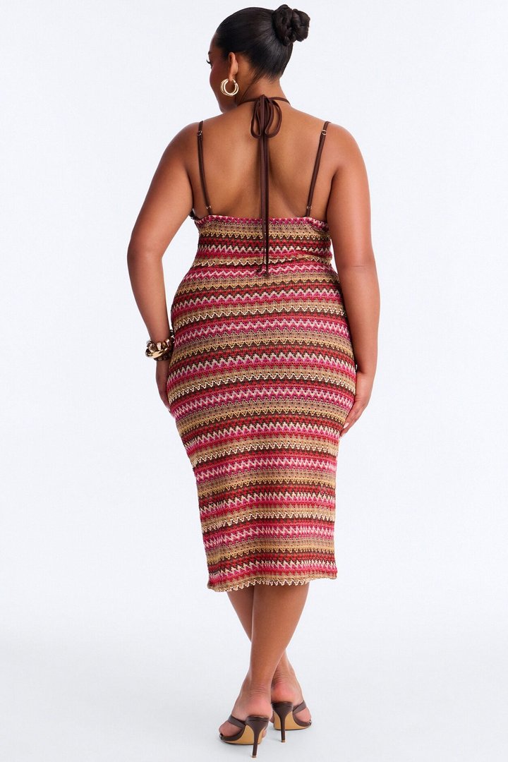 Sacha Chevron Crochet Midi Dress - Brown/combo