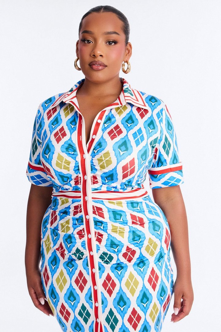 Bernadette Ruched Printed Midi Dress - Blue/combo