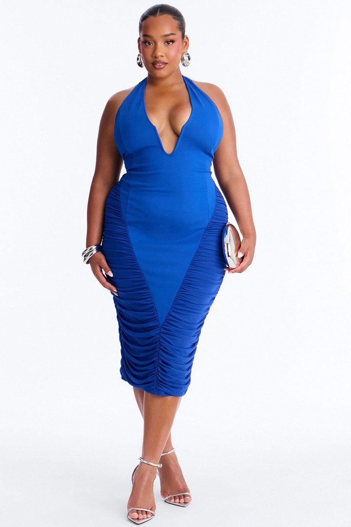 Aimee Halter Ruched Midi Dress - Blue