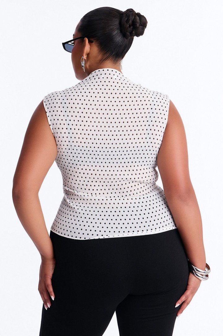 Into Paradise Mock Neck Polka Dot Plisse Top - White/combo