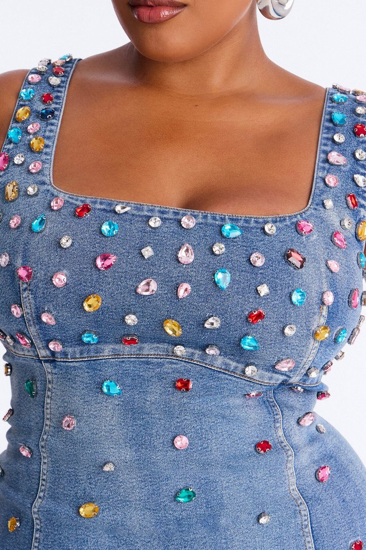 What A Gem Rhinestone Denim Mini Dress - Denim