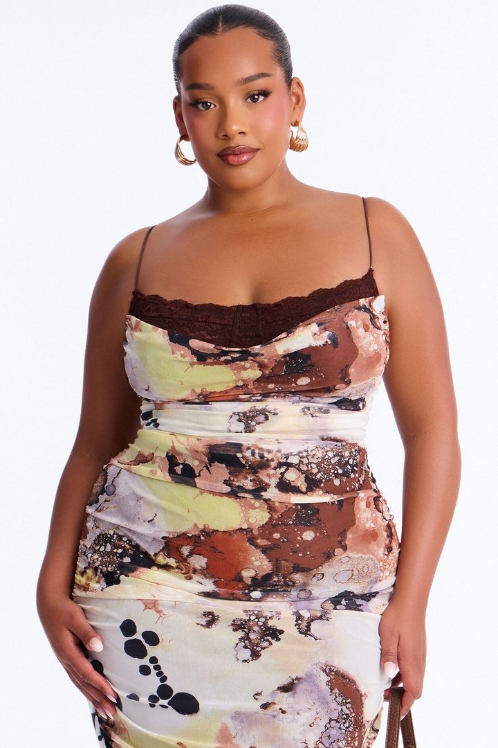 Alaira Ruched Mesh Midi Dress - Brown/combo