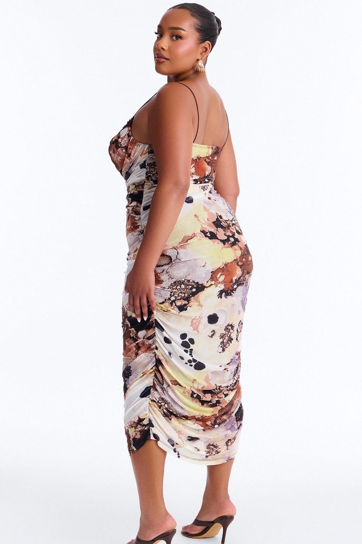 Alaira Ruched Mesh Midi Dress - Brown/combo