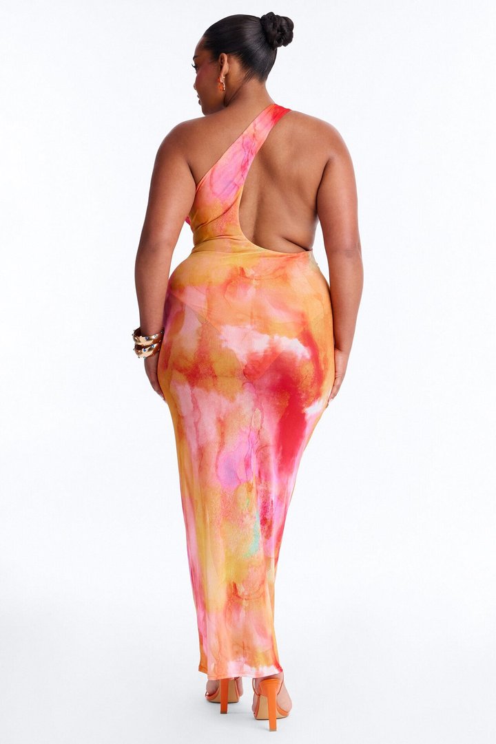 Macy One Shoulder Sheer Maxi Dress - Orange/combo