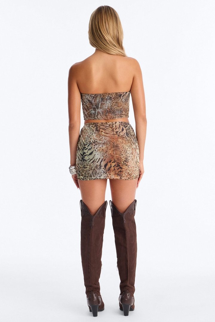 Wild Night Studded Leopard Mesh Skirt Set - Rust/combo