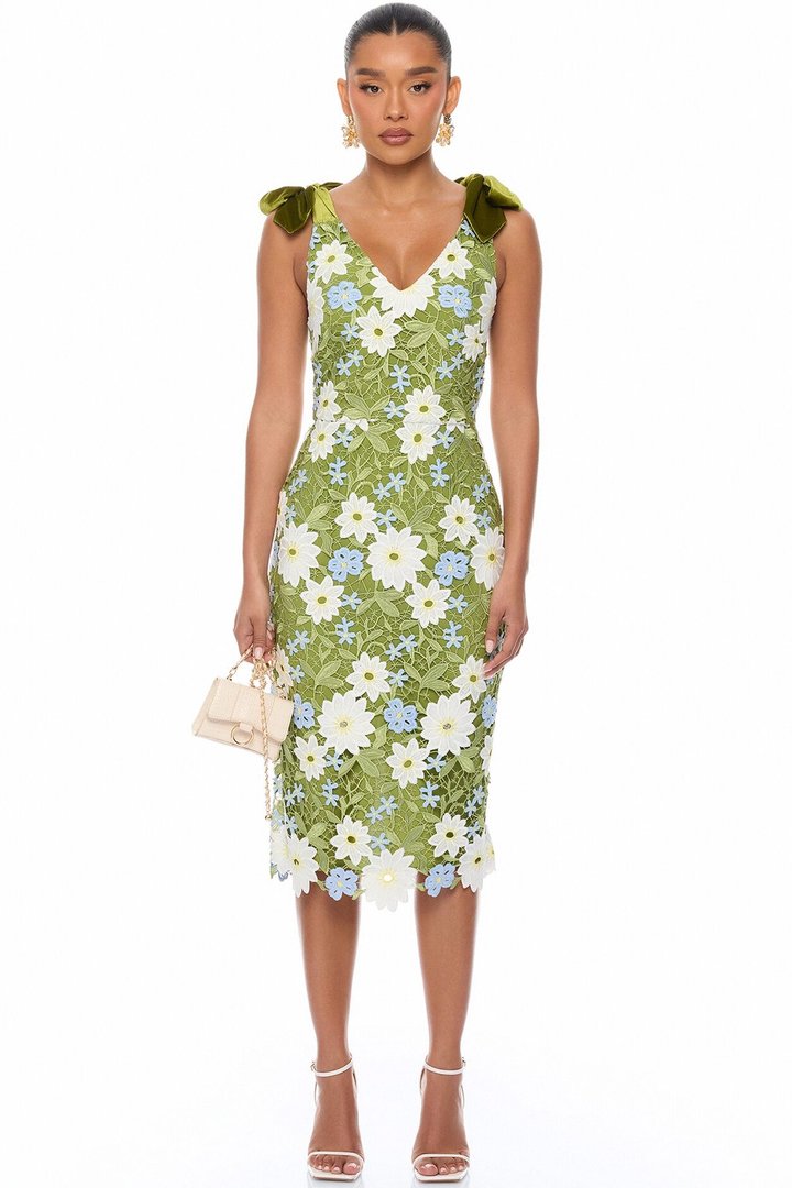 Dani Floral Embroidered Midi Dress - Chartreuse