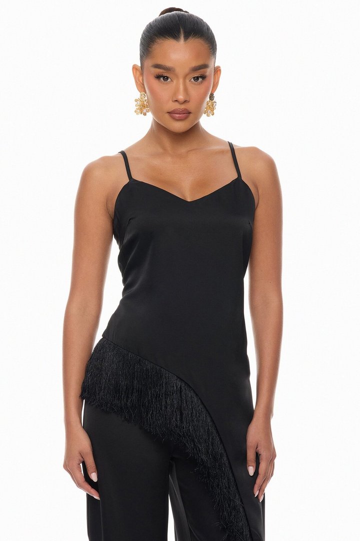 Natural Drama Fringe Satin Pant Set - Black
