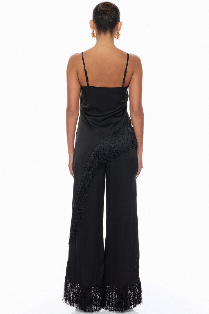 Natural Drama Fringe Satin Pant Set - Black