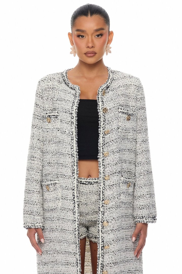 Kaela Embellished Tweed Long Cardigan - Black/White