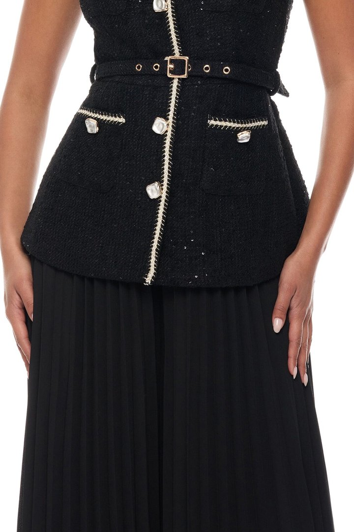 Down The Coast Tweed Pleated Pant Set - Black
