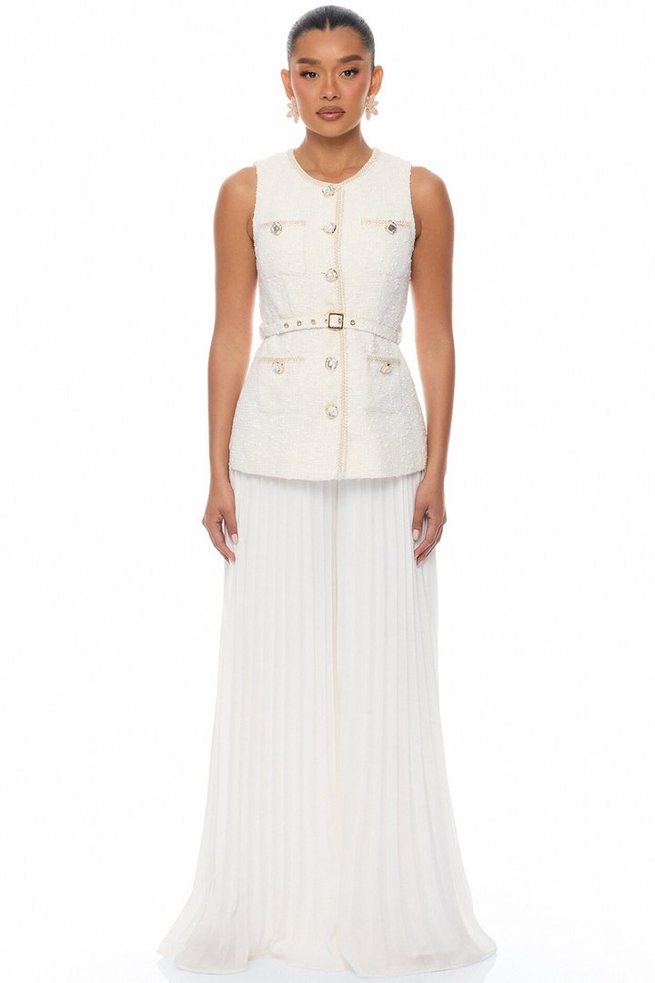 Down The Coast Tweed Pleated Pant Set - Off White