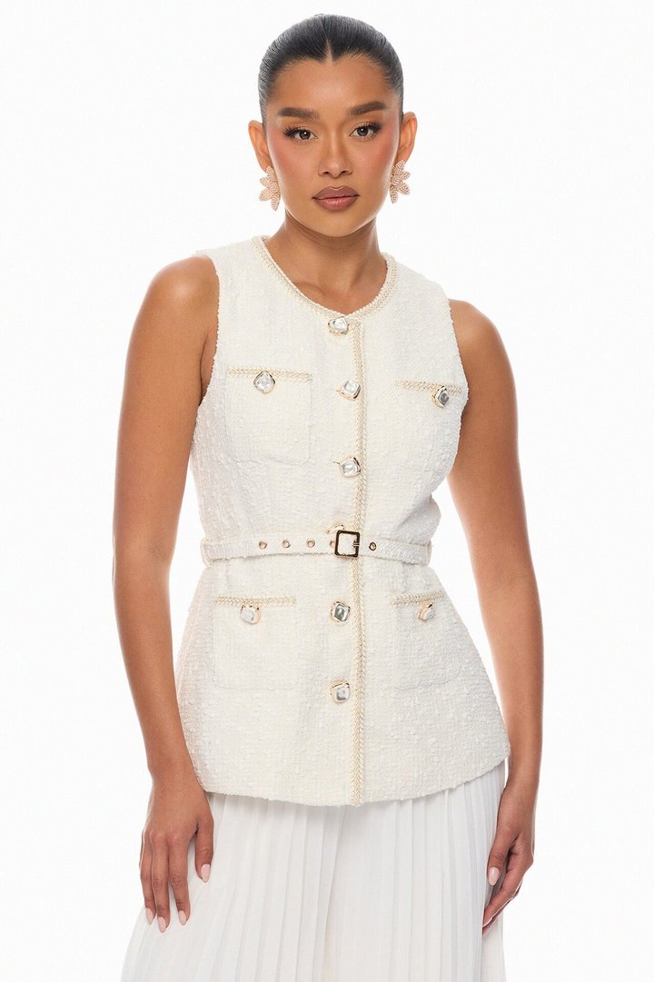 Down The Coast Tweed Pleated Pant Set - Off White