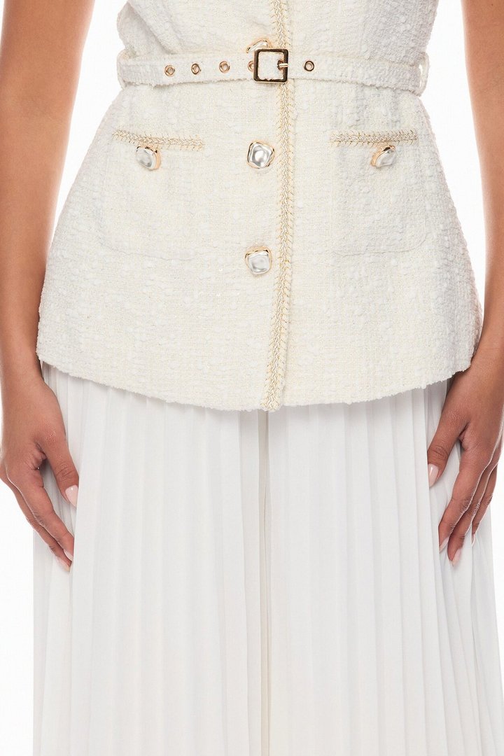 Down The Coast Tweed Pleated Pant Set - Off White