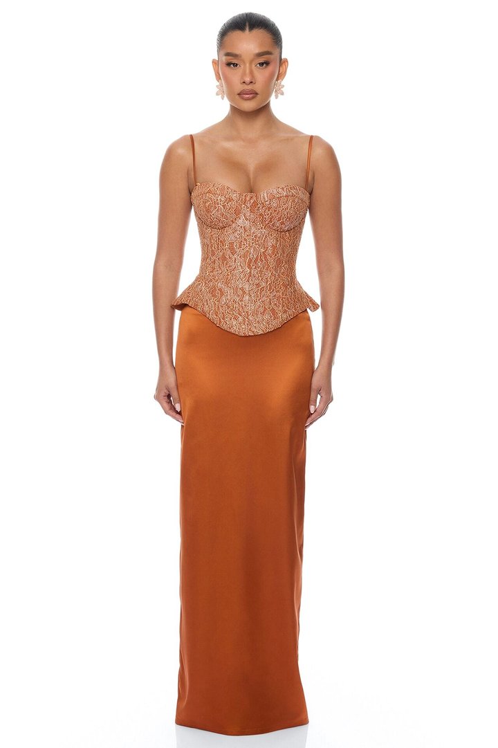 Gabriella Glitter Corset Satin Skirt Set - Copper