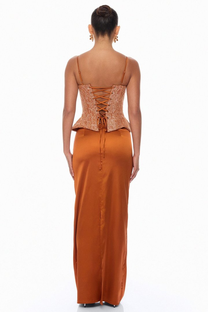 Gabriella Glitter Corset Satin Skirt Set - Copper