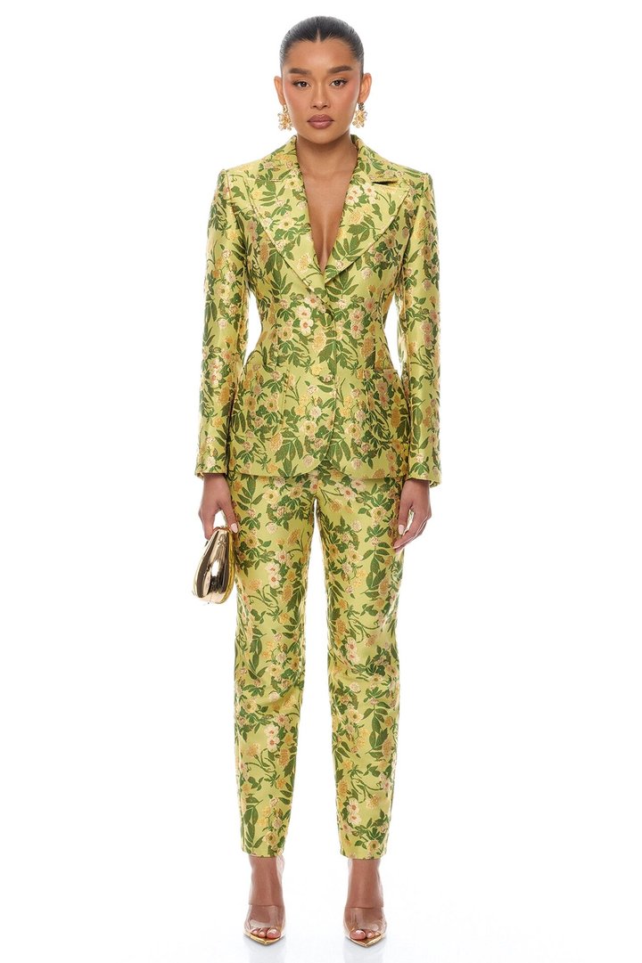 Emilee Jacquard Blazer Pant Set - Chartreuse