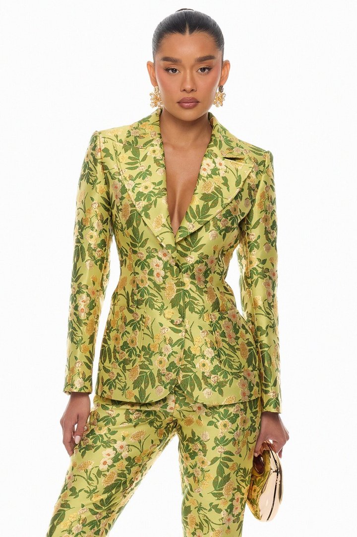 Emilee Jacquard Blazer Pant Set - Chartreuse