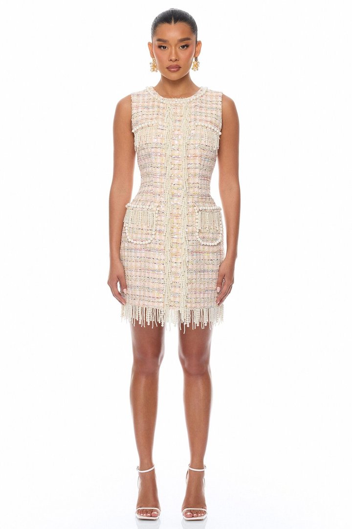 Tiffani Pearl Fringe Tweed Mini Dress - Pink/combo
