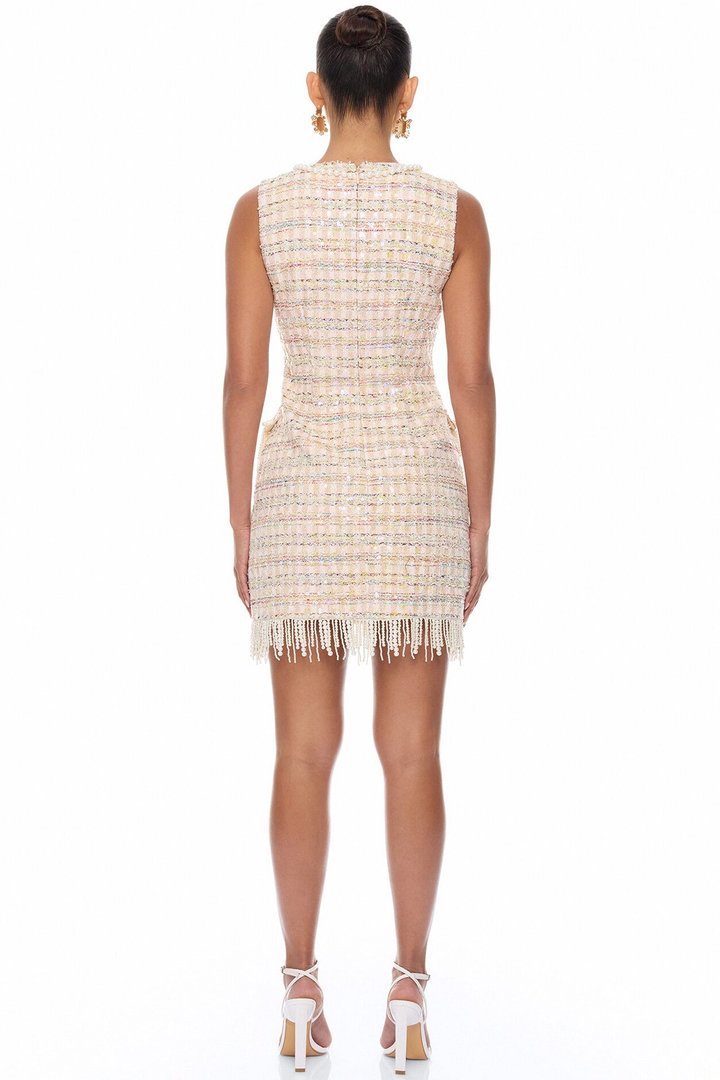 Tiffani Pearl Fringe Tweed Mini Dress - Pink/combo