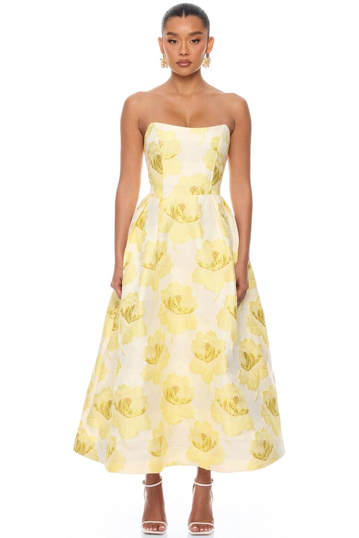 Fiora Strapless Jacquard Maxi Dress - Yellow
