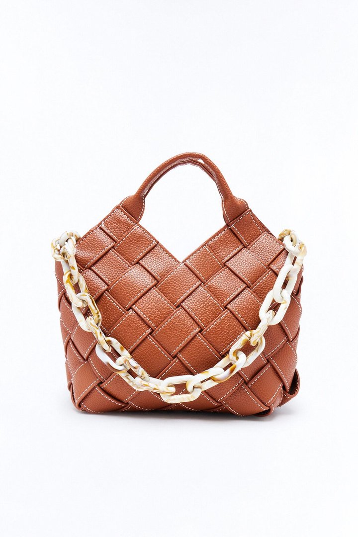 Martini On Hand Woven Faux Leather Satchel Handbag - Cognac