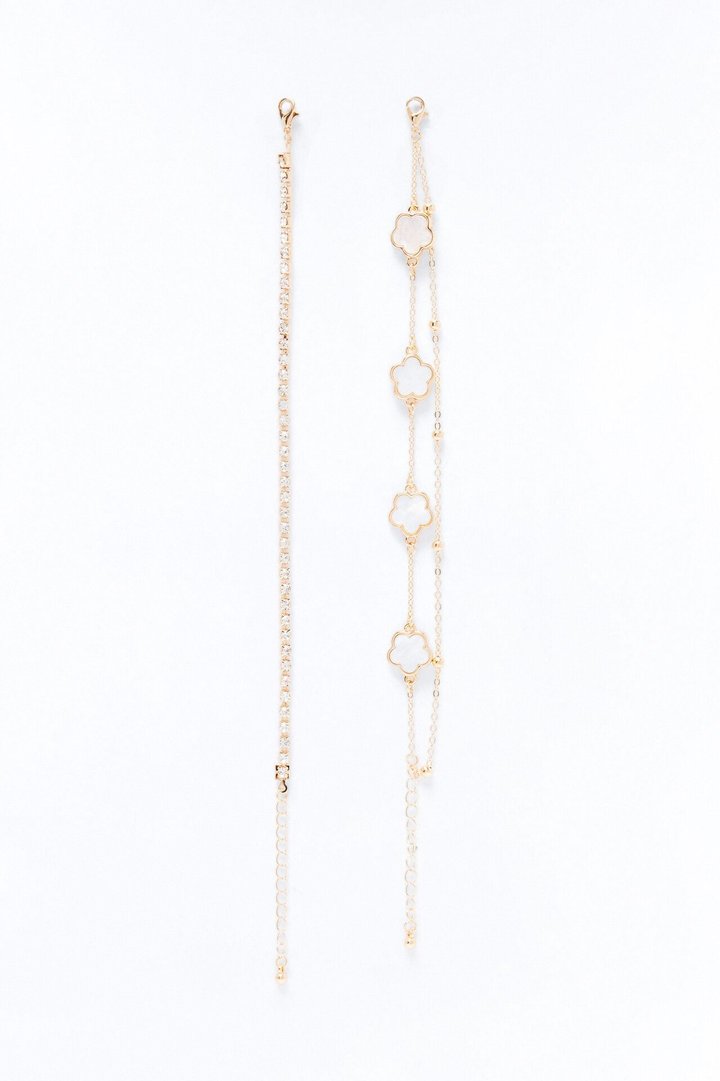 Wish Me Luck Clover 2 Piece Anklet Set - White/Gold