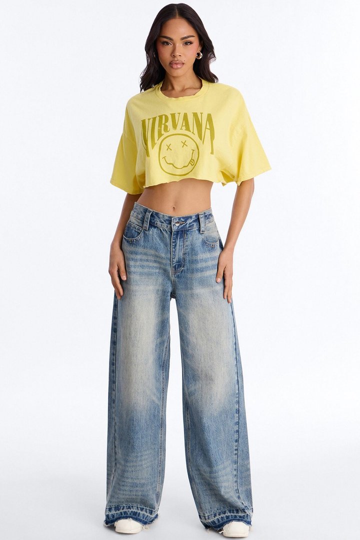 Nirvana Smiley Washed Cropped Tee - Yellow