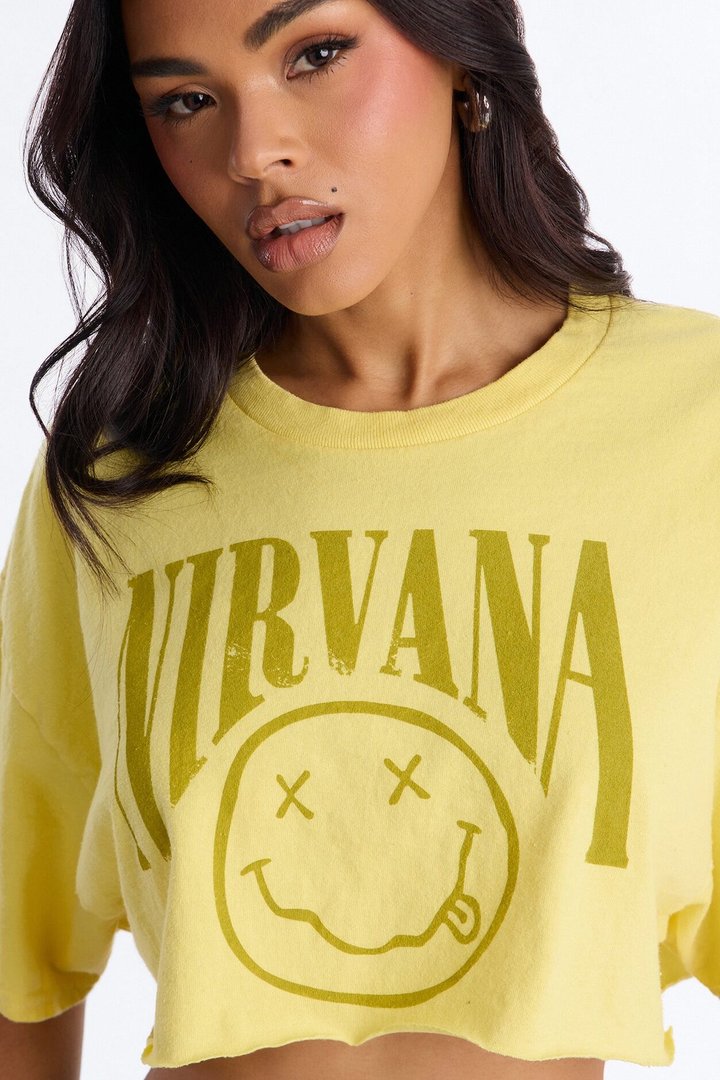 Nirvana Smiley Washed Cropped Tee - Yellow