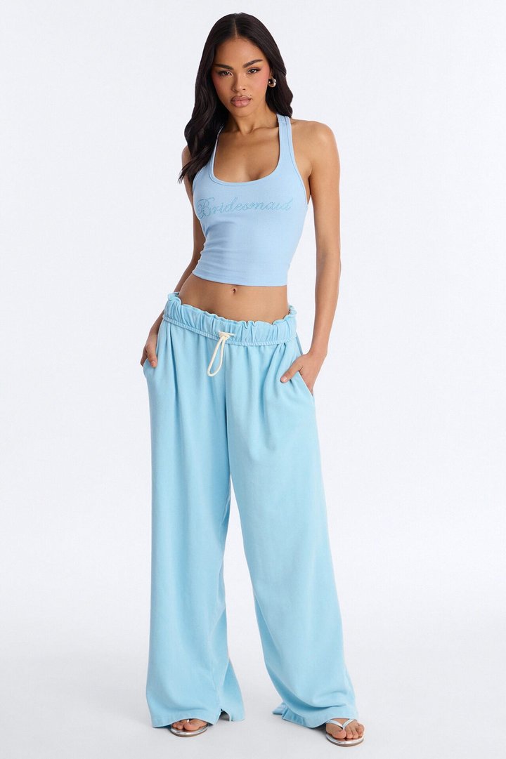 Bridesmaid Rhinestones Ribbed Tank Top - Light Blue