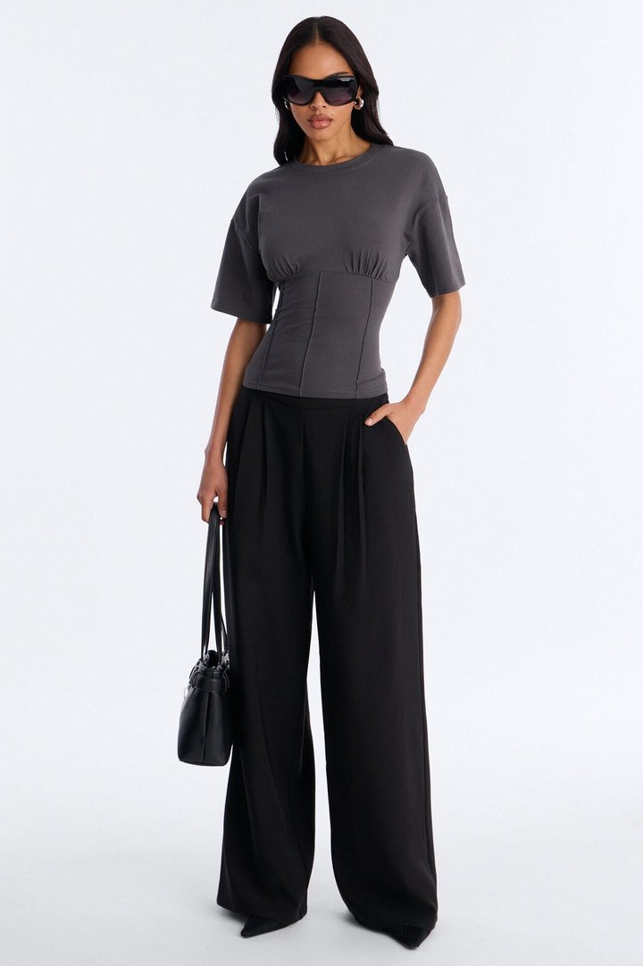 Kaylee Cinched Waist Short Sleeve T-Shirt - Charcoal