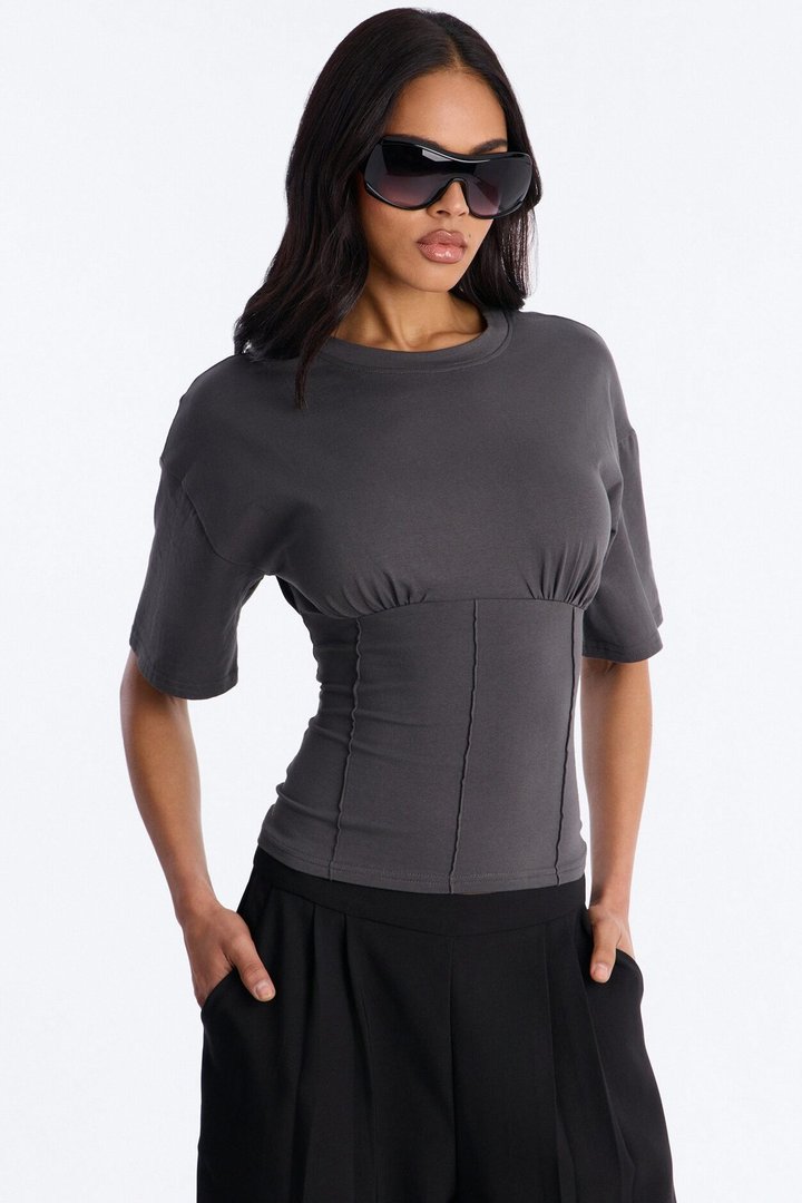 Kaylee Cinched Waist Short Sleeve T-Shirt - Charcoal